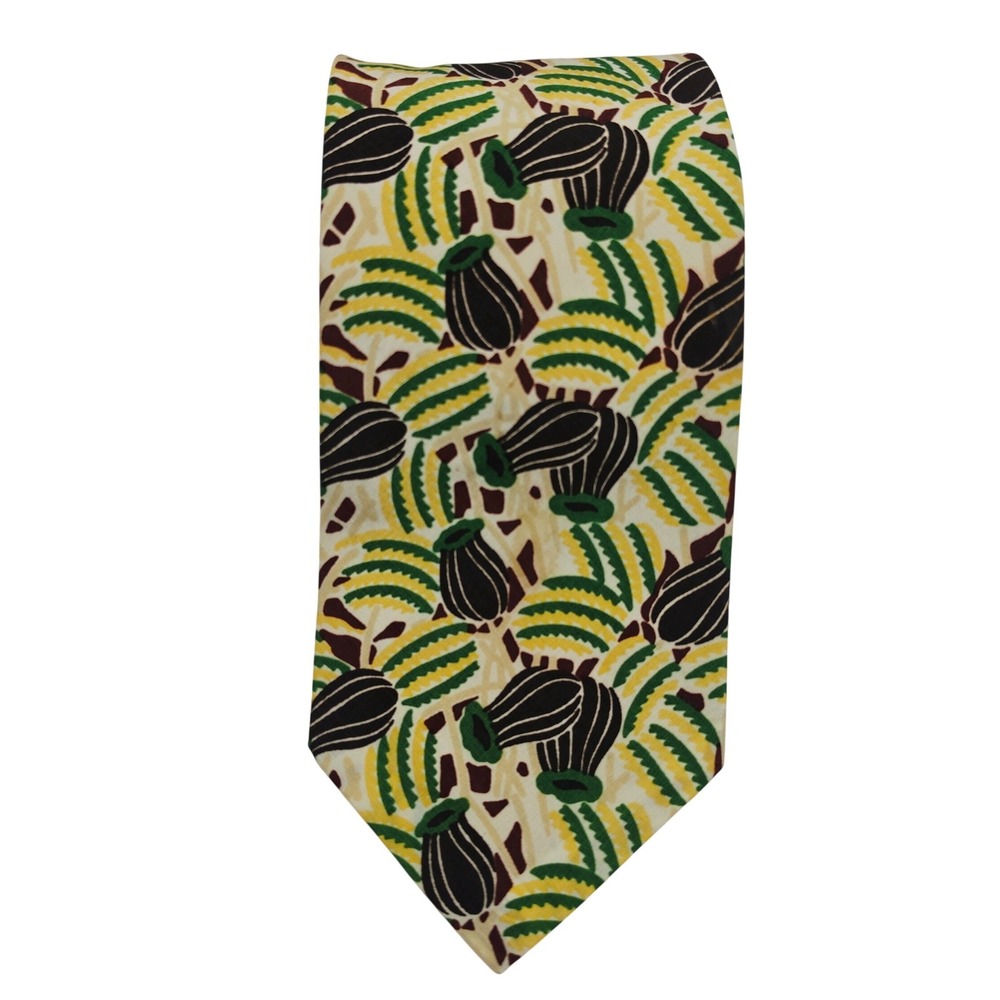 Pierre Cardin Silk Necktie Mens OS Green Yellow Abstract Botanical Vintage